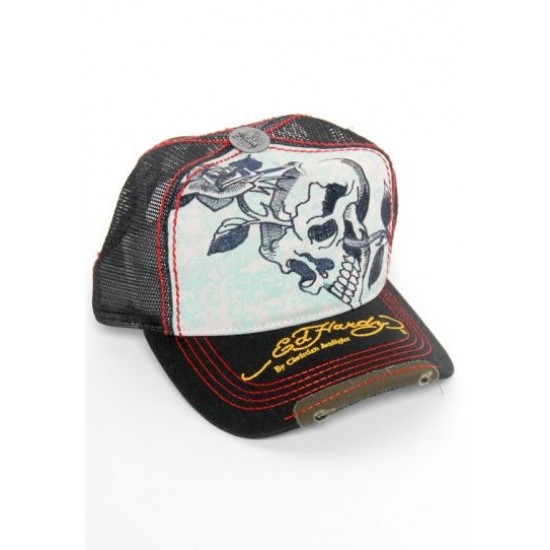 Hot Ed Hardy Skull Rose Satin Embroidered Cap