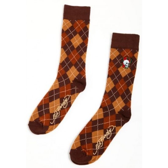 Hot Ed Hardy Embroidered Argyle Crew Sock - Brown