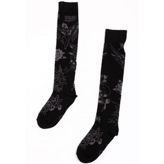 Hot Ed Hardy Monochromatic Collage Knee High Socks - Black