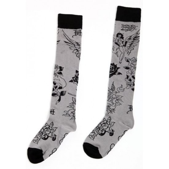 Hot Ed Hardy Monochromatic Collage Knee High Socks - Grey