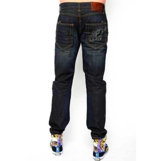 Hot Ed Hardy Five Pocket Embroidered Jeans in Dark Blue Wash