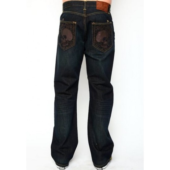 Hot Ed Hardy Leather Skull Roses Jeans in Dark Indigo Wash