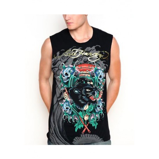 Hot Ed Hardy Panther Skull Waves Specialty Muscle Tee