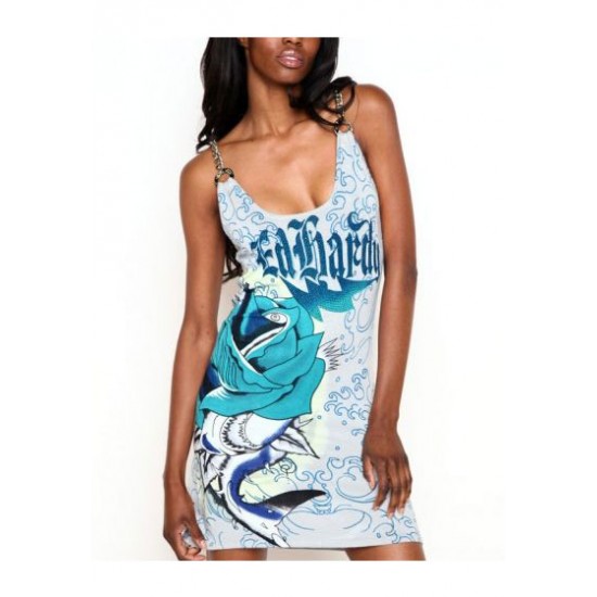 Hot Ed Hardy Shark Rose Knitted Chain Strap Dress Silver