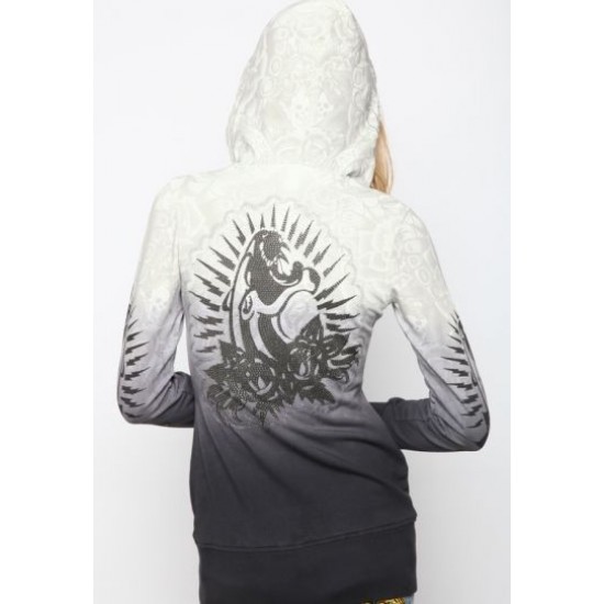 Hot Ed Hardy Panther & Roses Silver Embroidered Tunic Hoody