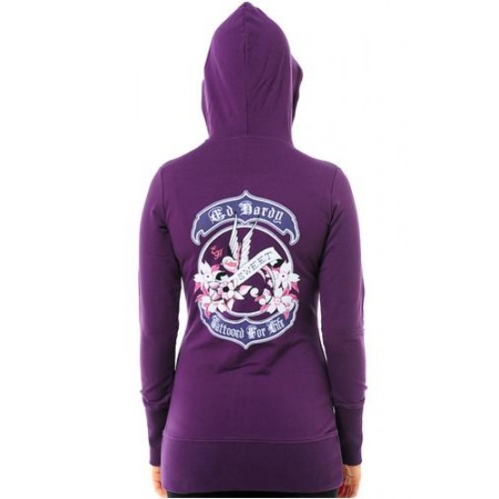 Hot Ed Hardy Pretty Bird And Roses Specialty Tunic Hoodie - Purple