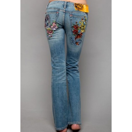 Hot Ed Hardy Tattoo Collage Patch Easy Rise Boot Pant