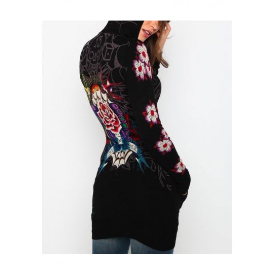 Hot Ed Hardy Rose Bird Knitted Front Zip Tunic Hoody