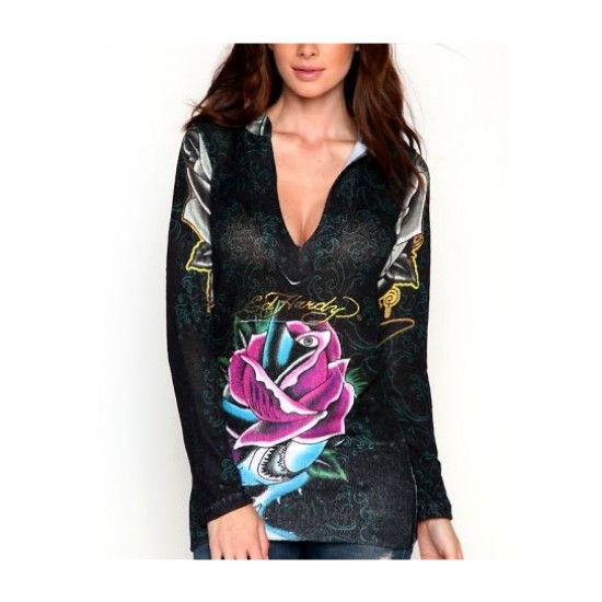 Hot Ed Hardy Shark Rose Knitted Pullover Hoody