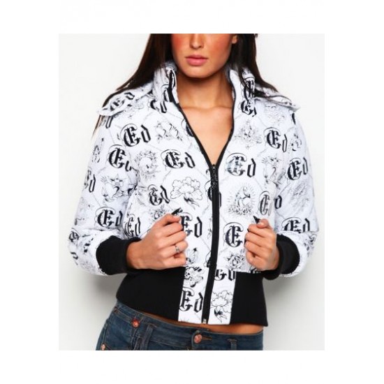 Hot Ed Hardy All Over Pattern Puffer Jacket - White