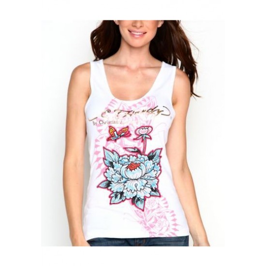 Hot Ed Hardy Flowers And Butterfly Platinum Ribbed Tank