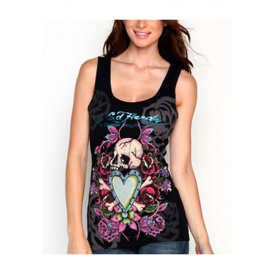 Hot Ed Hardy Skull In Love And Roses Specialty Ribbed Tank